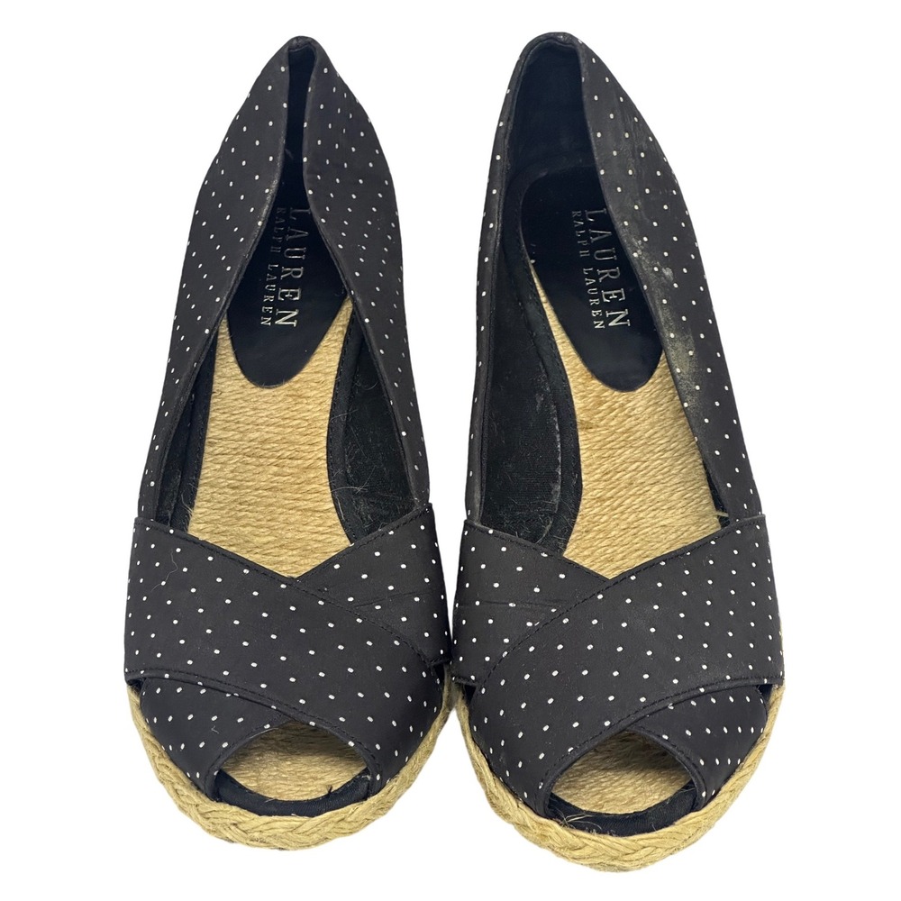 Lauren Ralph Lauren Espadrille Wedges Black Polka‎ Dot Peep Toe Heels Size 8.5